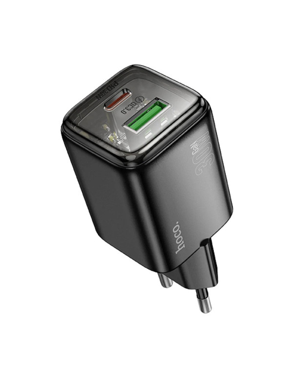Φορτιστής Ταξιδίου Small Size Hoco N53 Monsoon PD30W QC3.0A GaN με 1xUSB-C και 1xUSB-A + Καλώδιο Φόρτισης Type-C σε Type-C 1m Μαύρος