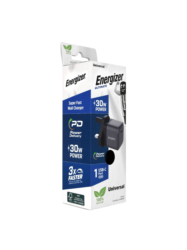 Φορτιστής Ταξιδίου Energizer Fast Charge με USB-C 30W  Μαύρος με UK Plug