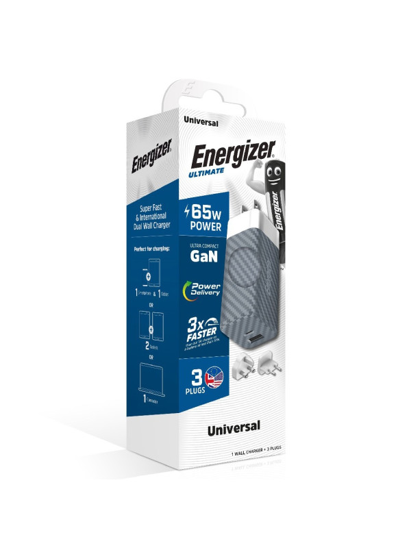 Φορτιστής Ταξιδίου Energizer A65MU PD65W Γρήγορης Φόρτισης 1 x USB-C 1 x USB-A   EU / UK / US Ασημί GaN Tech