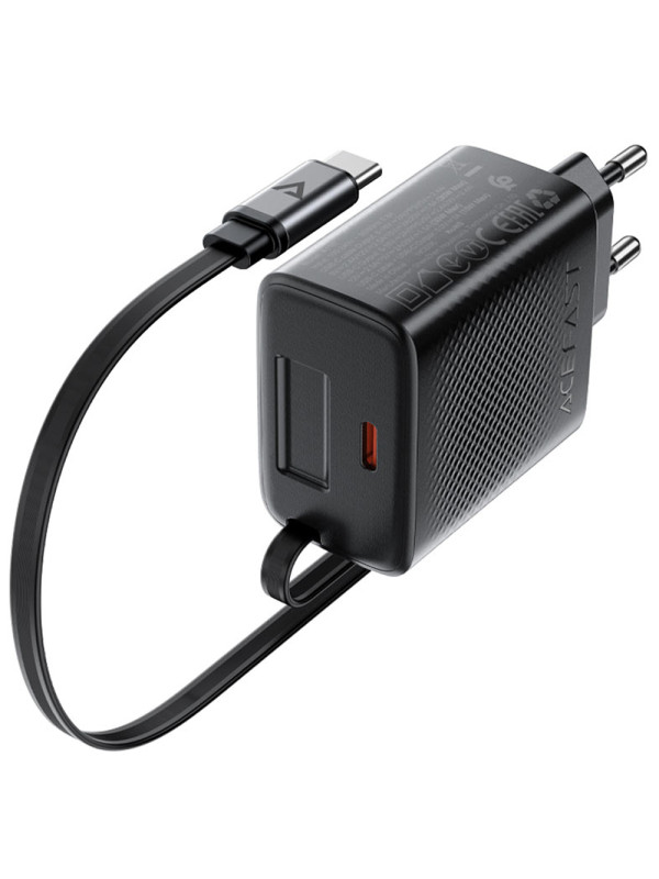 Φορτιστής Ταξιδίου Acefast A110 Fast Charging USB-C PD30W QC3.0 GaN και Αναδιπλούμενο Καλώδιο USB-C 0.64m Μαύρος