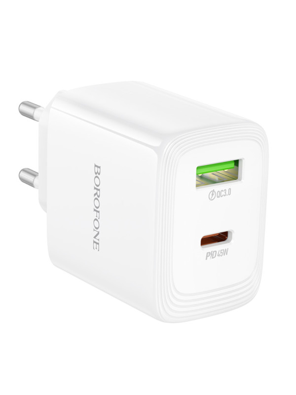 Φορτιστής Ταξιδίου Borofone BN30 Cargador GaN με 1xUSB-C PD45W και 1xUSB-A QC PD18W Λευκός