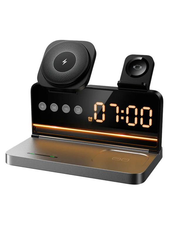Ασύρματος Φορτιστής Hoco DWQ03 4 in 1 Qi 15W για Smartphone Earbuds Smartwatch με Ψηφιακό Ρολόι και Ξυπνητήρι
