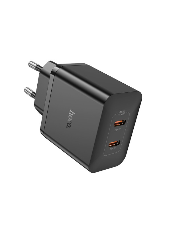 Φορτιστής Ταξιδίου Hoco N35 Streamer με 2 Εξόδους Φόρτισης USB-C PD45W GaN Tech Μαύρος