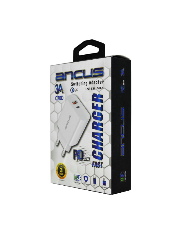 Φορτιστής Ταξιδίου Switching Ancus Supreme Series C70D Dual Fast Charge με USB/USB-C Έξοδο QC3.0 PD30W Λευκό