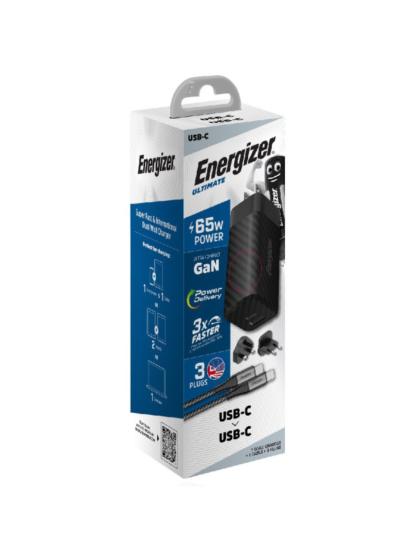 Φορτιστής Ταξιδίου Energizer A65MUC PD65W με Έξοδο USB-C/USB-A  Μαύρο GaN Tech με Καλώδιο USB-C σε USB-C