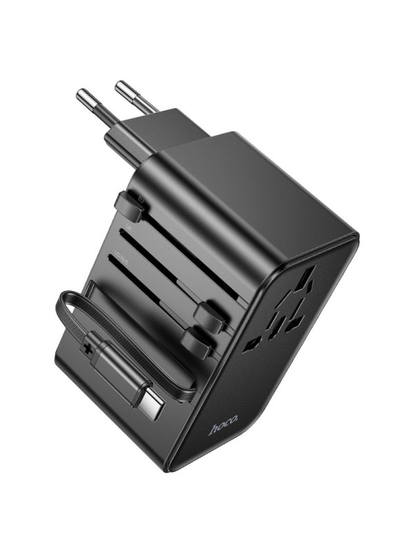 Φορτιστής Ταξιδίου Hoco AC18 Universal Converter US EU AU UK με 2xUSB 1xUSB-C και Ενσωματομένο Καλώδιο USB-C PD35W QC3.0 Μαύρο