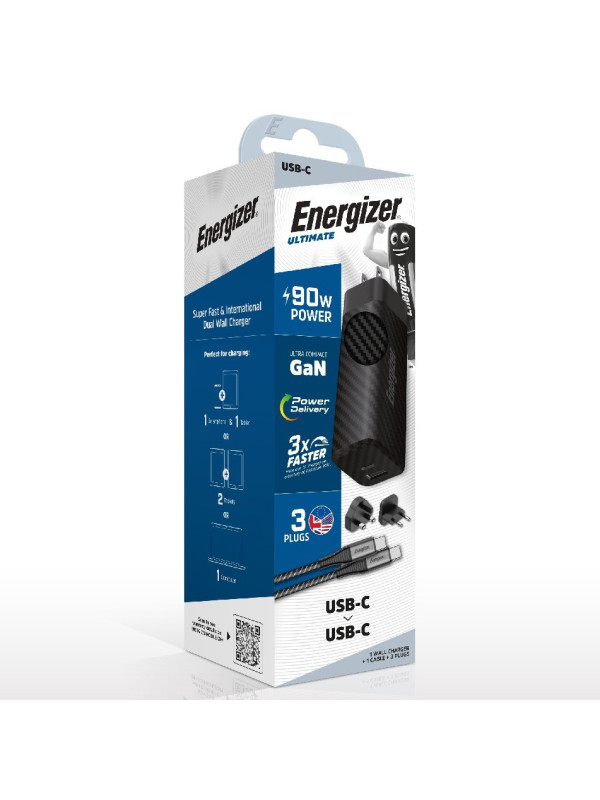 Φορτιστής Ταξιδίου Energizer A90MUC  με έξοδο USB-C/USB-A 90W Καλώδιο USB-C/USB-C Μαύρο