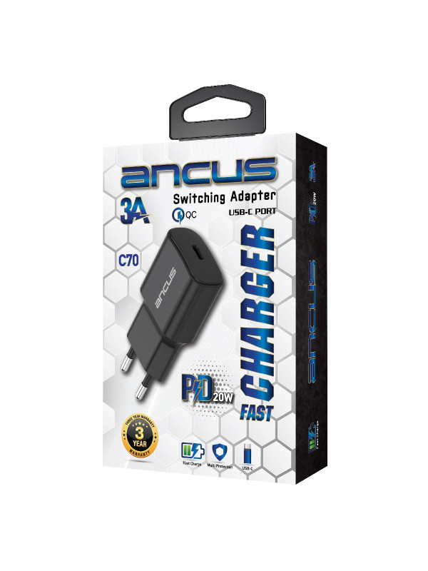 Φορτιστής Ταξιδίου Switching Ancus Supreme Series C70 Fast Charge με USB-C Έξοδο QC 3.0 PD 20W 5V/3A Μαύρο