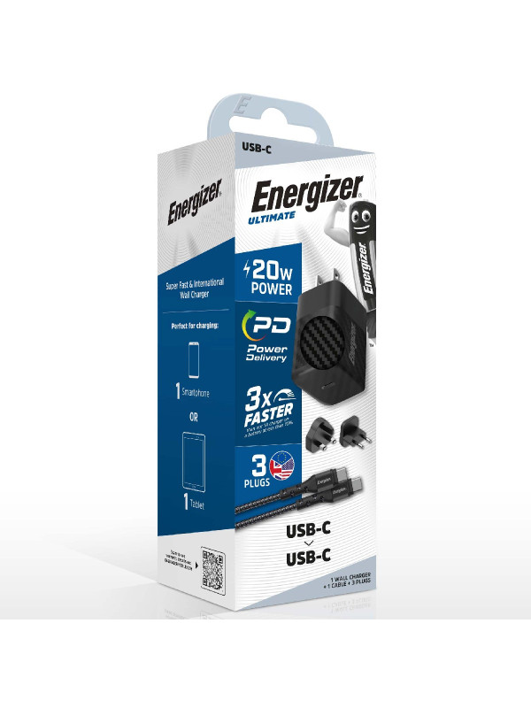 Φορτιστής Ταξιδίου Energizer Fast Charge με USB-C 20W και Καλώδιο USB-C/USB-C Μαύρο