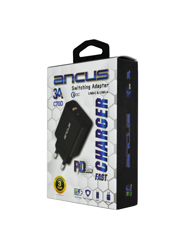 Φορτιστής Ταξιδίου Switching Ancus Supreme Series C70D Dual Fast Charge με USB/USB-C Έξοδο QC3.0 PD 30W Μαύρο