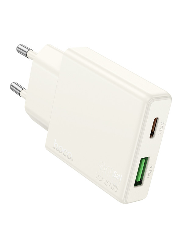 Φορτιστής Ταξιδίου Hoco N45 Biscuit Ultra Thin με 2 Εξόδους Φόρτισης USB-C PD30W και USB 18W QC3.0 Slim Moonlight White