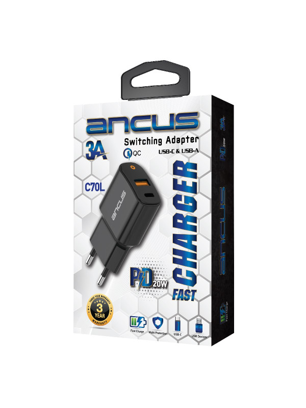 Φορτιστής Ταξιδίου Switching Ancus Supreme Series C70L Dual Fast Charge USB/USB-C Έξοδο QC3.0 PD 20W Μαύρο με LED