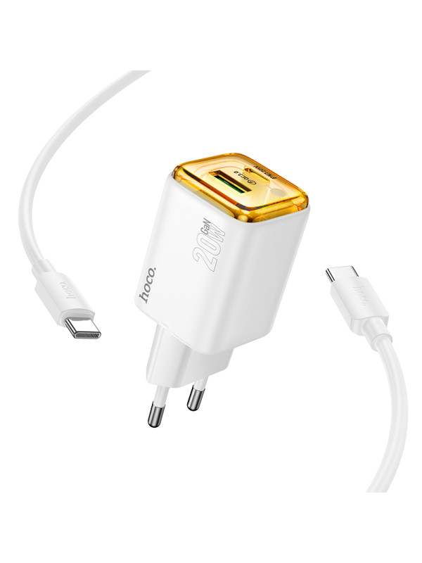 Φορτιστής Ταξιδίου Small Size Hoco N52 Monsoon PD20W QC3.0A GaN με 2 Εξόδους Φόρτισης 1xUSB και 1xUSB-C Λευκός + Καλώδιο σύνδεσης Type C to Type C 1m