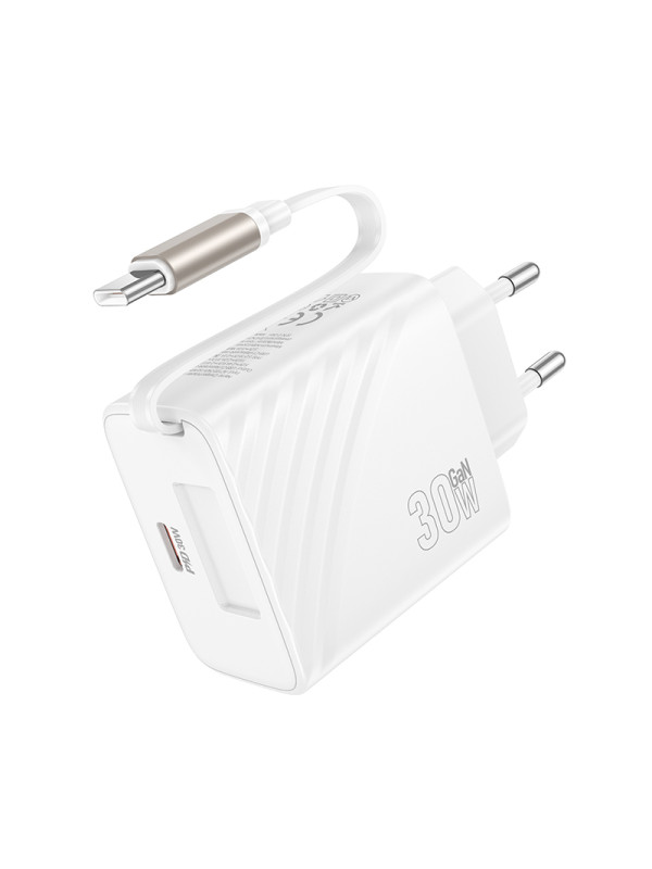 Φορτιστής Ταξιδίου Hoco N58  PD30W GaN με 1xUSB-C Θύρα και Αναδιπλούμενο Καλώδιο USB-C 65cm Λευκός