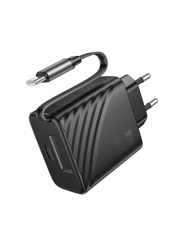 Φορτιστής Ταξιδίου Hoco N57 GaN PD20W με 1xUSB-C Θύρα και Αναδιπλούμενο Καλώδιο 65cm Μαύρος