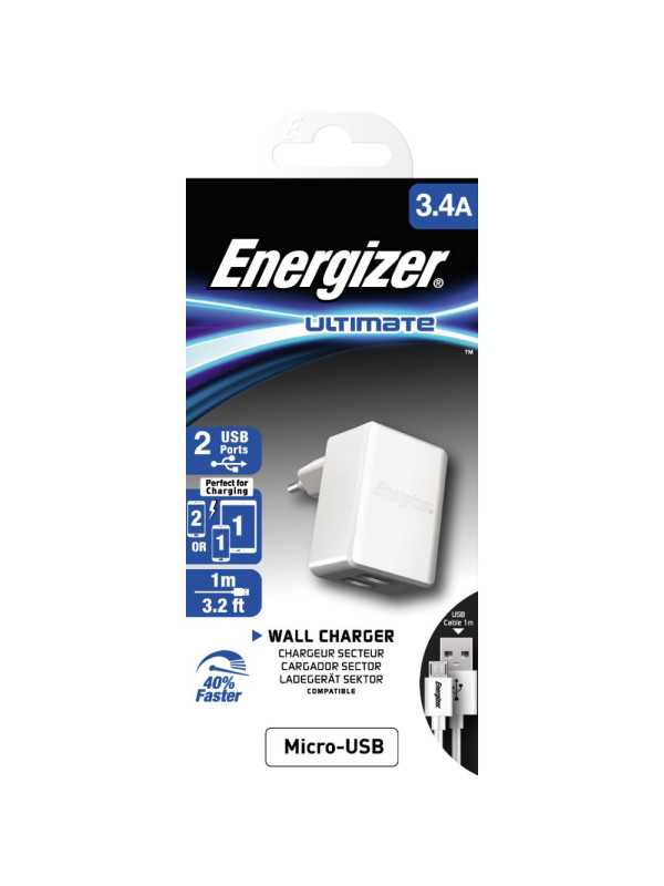 Φορτιστής Ταξιδίου Energizer ACW2CEUUMC3 3.4A με 2 θύρες USB A και Καλώδιο Micro USB 1m